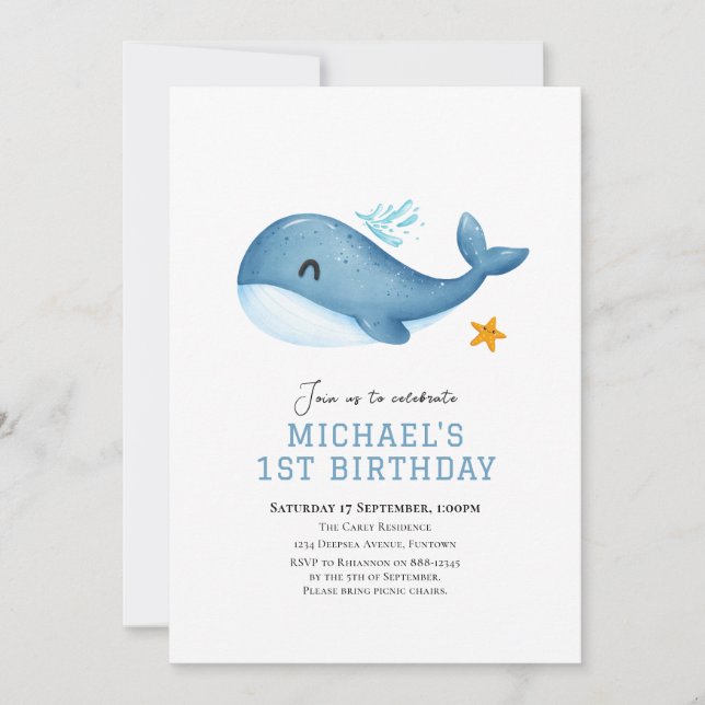 Petite baleine sous la mer invitation anniversaire (Devant)