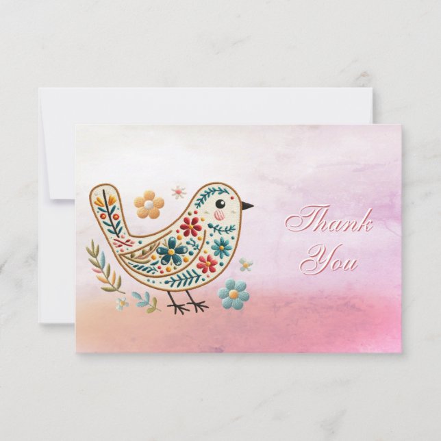 Petite broderie florale d'oiseaux Carte de remerci (Devant)