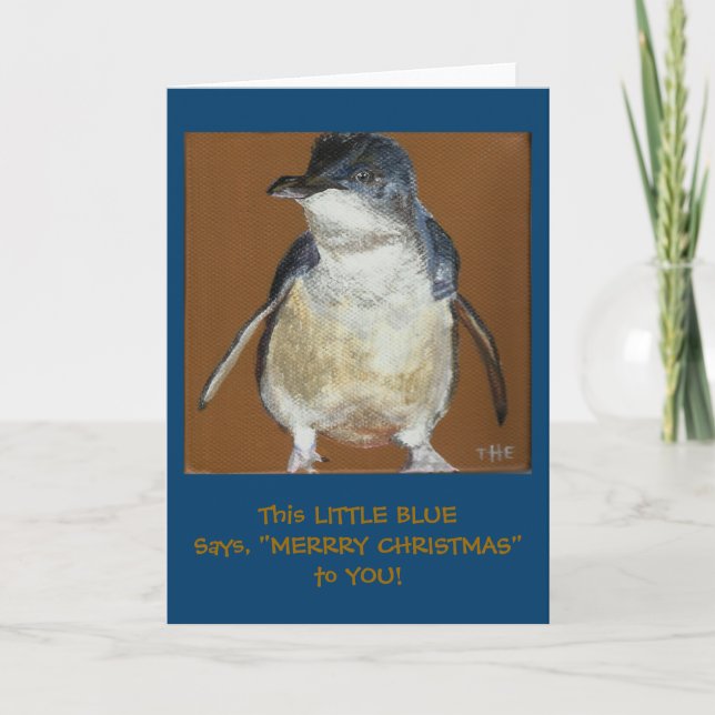 Petite carte de Noël bleue de pingouin (Devant)