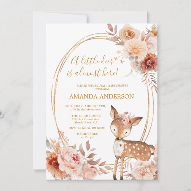 Petite cerf Beige Floral Baby shower invitation (Devant)