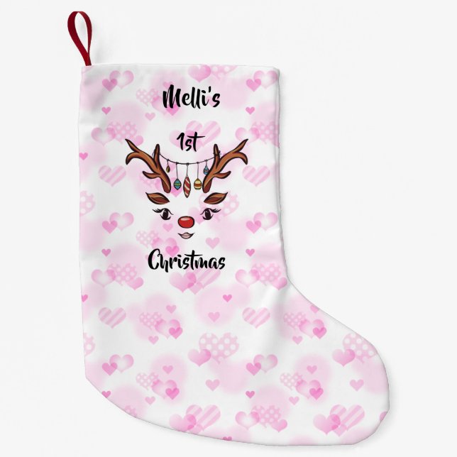 Petite Chaussette De Noël 1er Noël de Melli coeur rose tressage personnalisé (Devant)