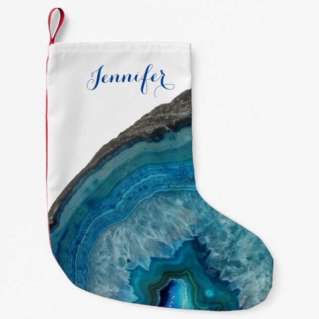 Petite Chaussette De Noël Agate Blue turquoise White Monogramme Nom Cool (Devant)