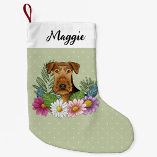 Petite Chaussette De Noël Airedale Chien Terrier Avec Fleurs Colorées Vert