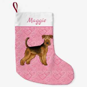 Petite Chaussette De Noël Airedale Terrier Chien Avec Coeurs Rose Et Nom