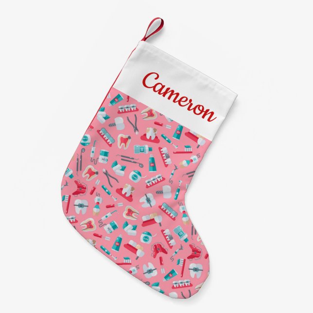 Petite Chaussette De Noël Ajoutez votre motif dentaire | rose nommé (Devant (Accrochage))
