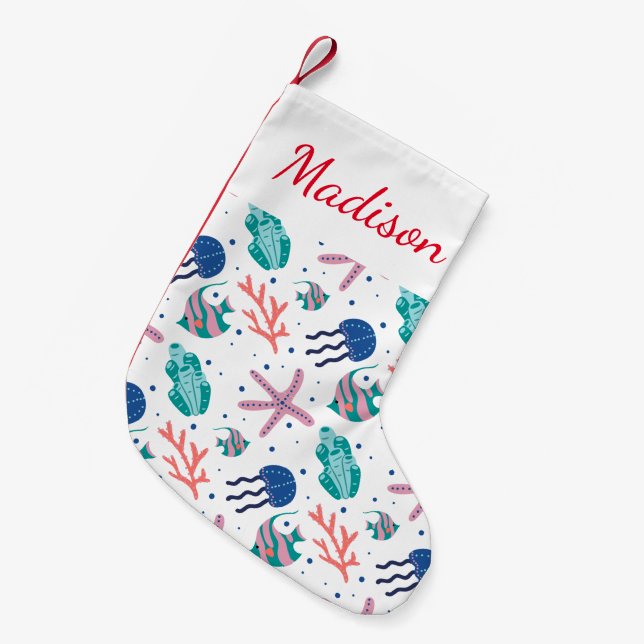 Petite Chaussette De Noël Ajoutez votre nom | Mer sous-marine (Devant (Accrochage))