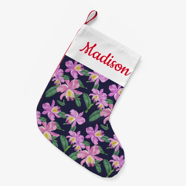 Petite Chaussette De Noël Ajoutez votre nom | Orchidées tropicales (Devant (Accrochage))