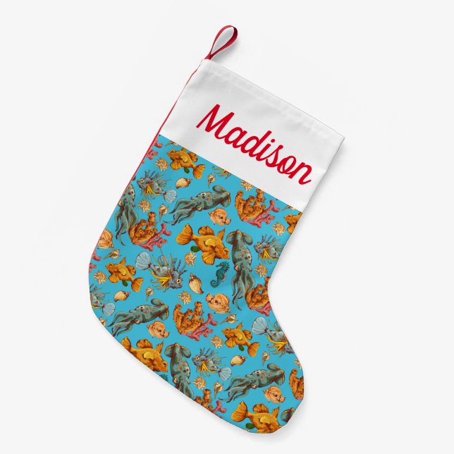 Petite Chaussette De Noël Ajoutez votre nom | Poissons tropicaux (Devant (Accrochage))