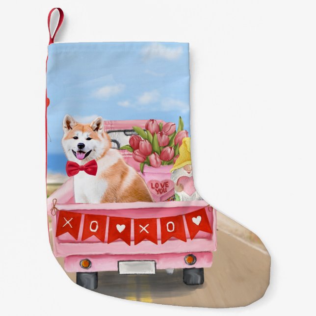 Petite Chaussette De Noël Akita Chien Saint Valentin Coeurs de Camion (Devant)