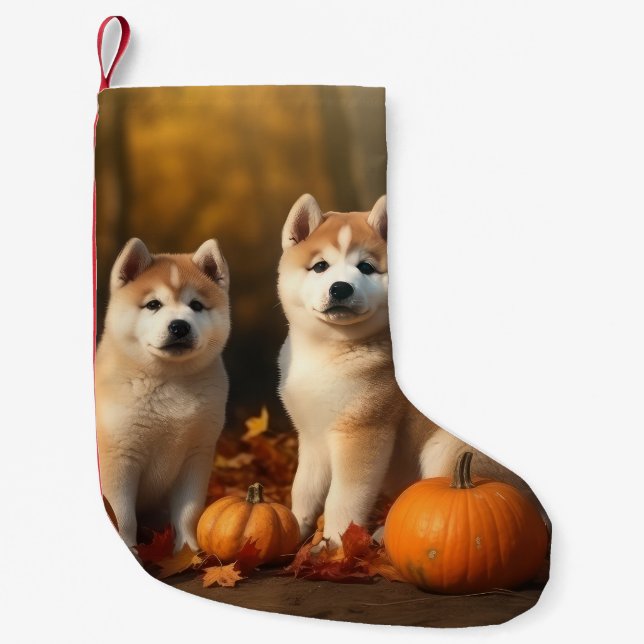 Petite Chaussette De Noël Akita Puppy Citrouille d'automne (Devant)
