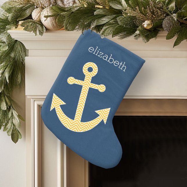 Petite Chaussette De Noël Ancre nautique avec Motif de Navy Jaune Chevron (Personalized Christmas Stocking)