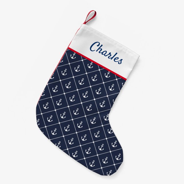 Petite Chaussette De Noël Ancres bleues et blanches de la Marine marine (Devant (Accrochage))