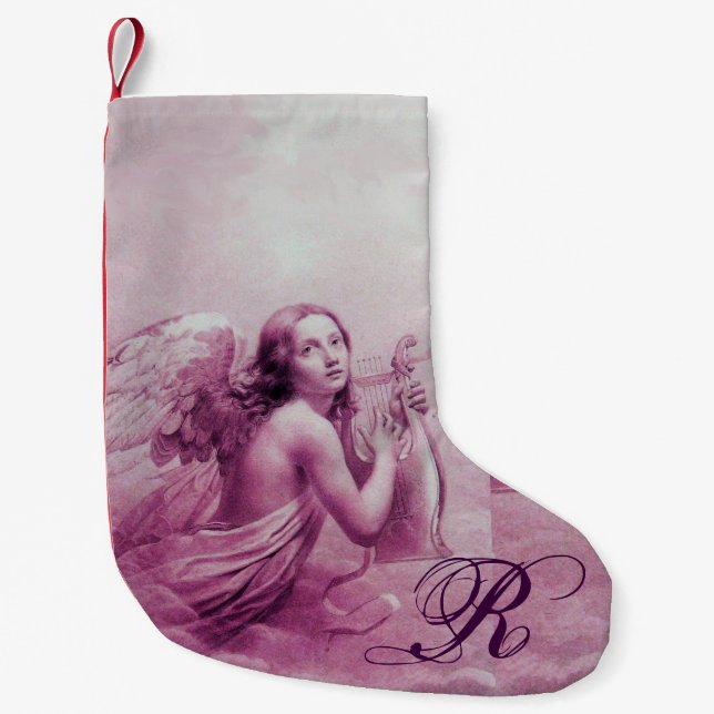 Petite Chaussette De Noël ANGE JOUER LYRA SUR LES NUAGES Pink Monogramme (Devant)