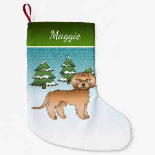 Petite Chaussette De Noël Apricot Mini Goldendoodle - Forêt d'hiver et nom