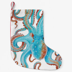 Petite Chaussette De Noël Aquarelle bleue turquoise de poulpe
