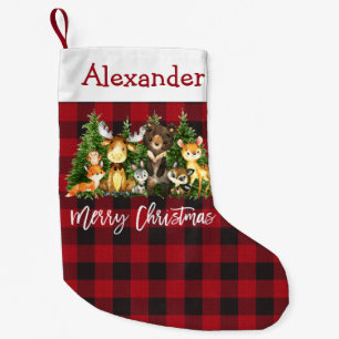 Petite Chaussette De Noël Aquarelle Bois Animaux Plaid Brush Script
