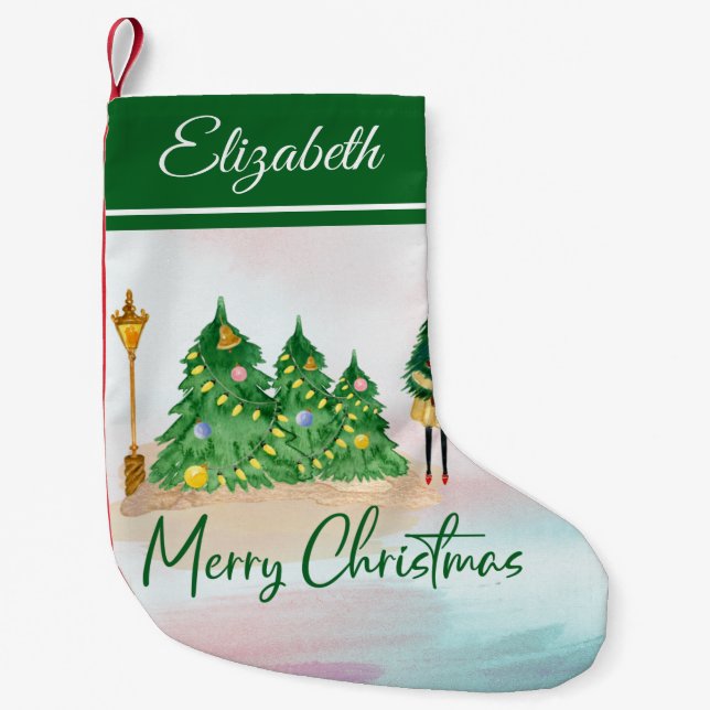 Petite Chaussette De Noël Aquarelle de Noël moderne Arbres verts (Devant)