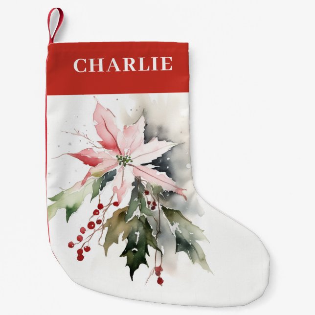 Petite Chaussette De Noël Aquarelle de Noël Poinsettia Berries Folithe (Devant)