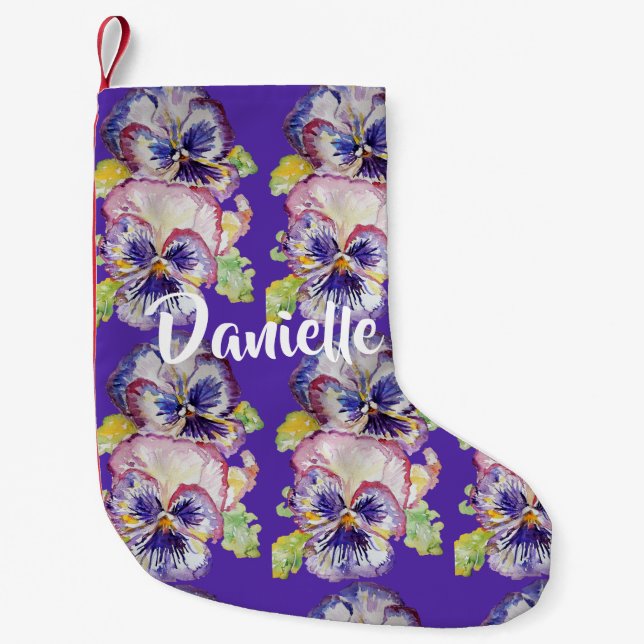 Petite Chaussette De Noël Aquarelle de Pansy Fleurs violettes Stocker Floral (Devant)