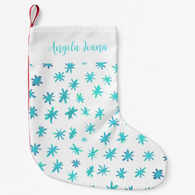 Petite Chaussette De Noël Aquarelle étoile avec nom - turquoise (Devant)