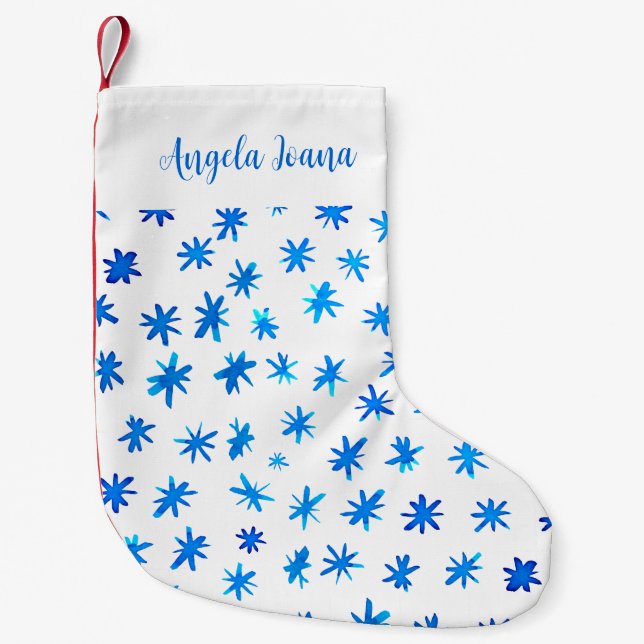 Petite Chaussette De Noël Aquarelle étoiles avec nom - bleu (Devant)