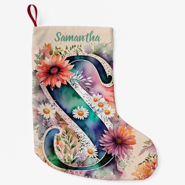 Petite Chaussette De Noël Aquarelle Monogramme personnalisé Rose floral (Devant)