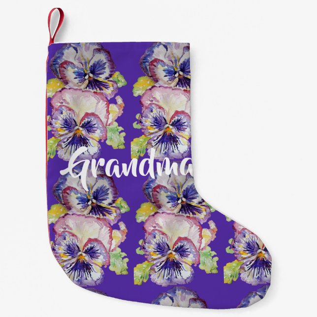 Petite Chaussette De Noël Aquarelle Pansy Fleurs violettes Grandma Stocking (Devant)