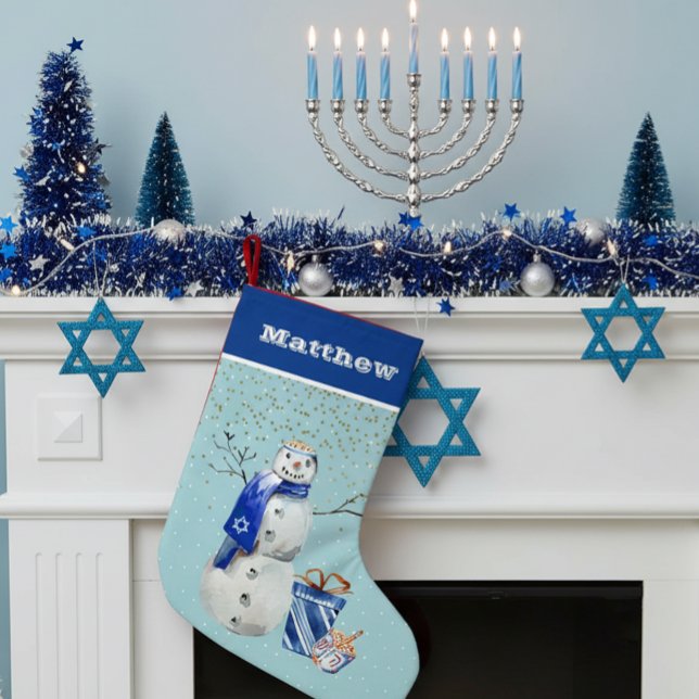 Petite Chaussette De Noël Aquarelle personnalisée Hanoukka Blue Snowman (Créateur téléchargé)