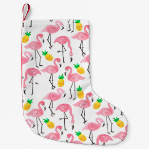 Petite Chaussette De Noël Aquarelle rose flamant rose et ananas jaune