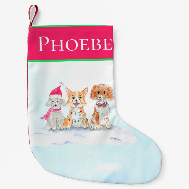 Petite Chaussette De Noël Aquarelle Trois Chiens Mignons Prêt Pour Noël (Devant)