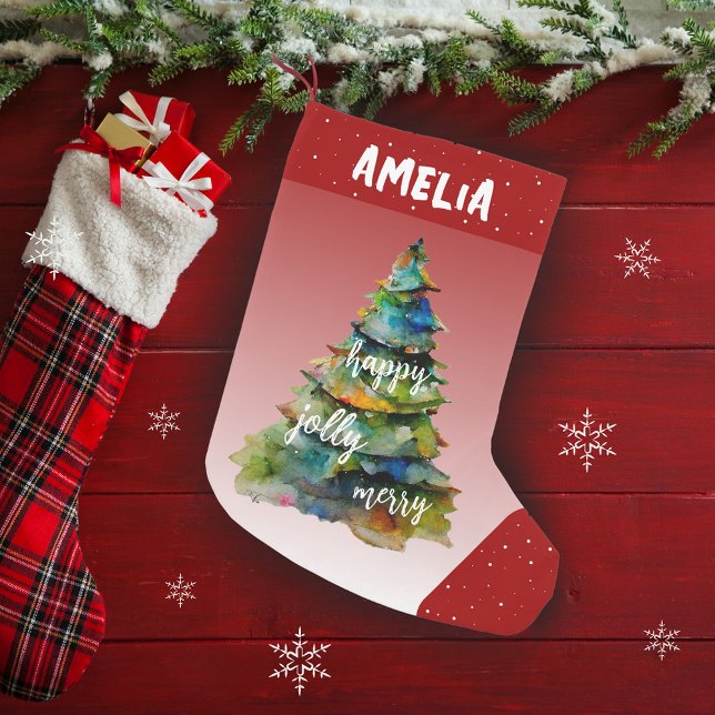 Petite Chaussette De Noël Arbre de Noël Aquarelle Joyeux Jolly Joyeux Rouge (Créateur téléchargé)