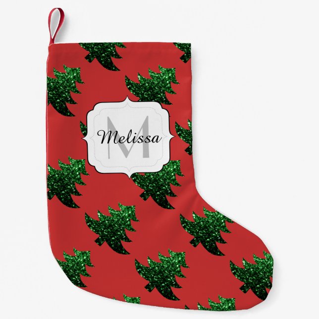 Petite Chaussette De Noël Arbre de Noël étincelant vert étincelant Monogram  (Devant)