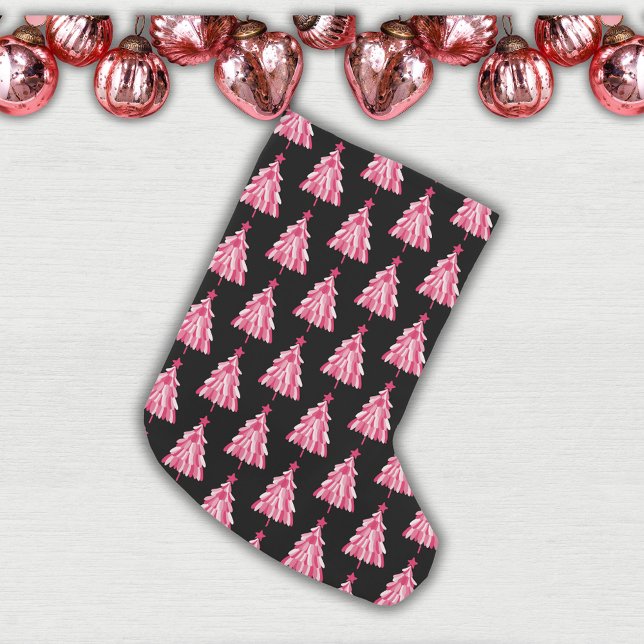 Petite Chaussette De Noël Arbre de Noël moderne en bois noir et rose (Modern pink and black Christmas tree woodland forest pattern Christmas Stocking)