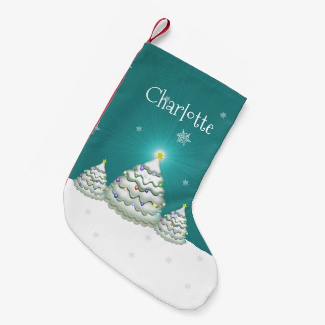 Petite Chaussette De Noël Arbre de Noël turquoise neige Stocking de Noël (Devant (Accrochage))