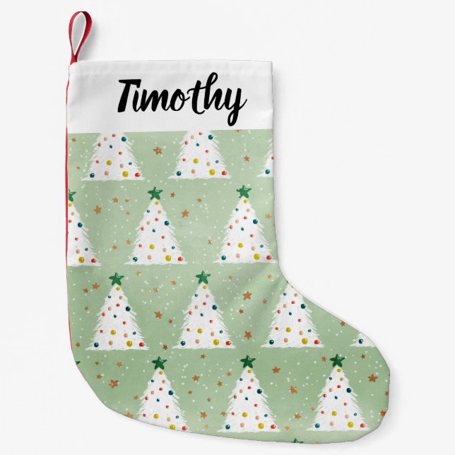 Petite Chaussette De Noël Arbres de Noël blancs décorés Étoile verte et orne (Devant)