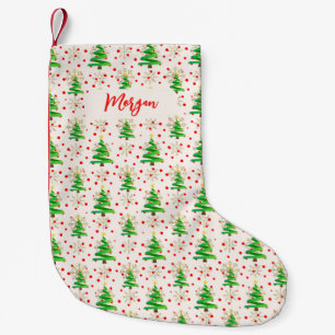 Petite Chaussette De Noël Arbres de Noël et Snowflakes d'or, Red Script Name
