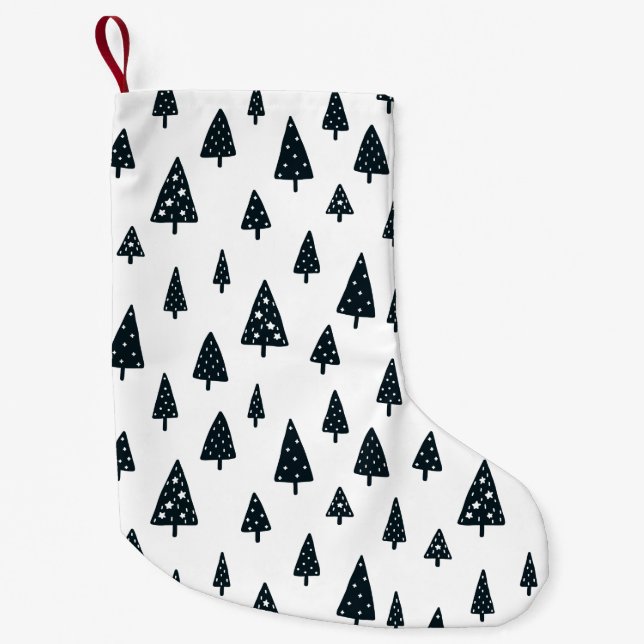 Petite Chaussette De Noël Arbres de Noël scandinaves noirs et blancs moderne (Devant)