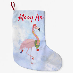 Petite Chaussette De Noël Arrière - plan De Glace Et Flamant rose De Noël