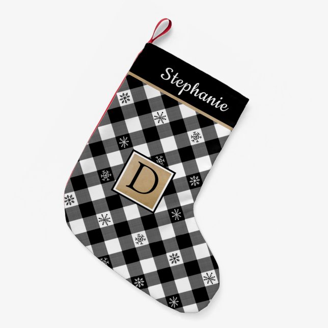 Petite Chaussette De Noël B&W Buffalo Check Snowflaid Plaid Monogramme Nom (Devant (Accrochage))