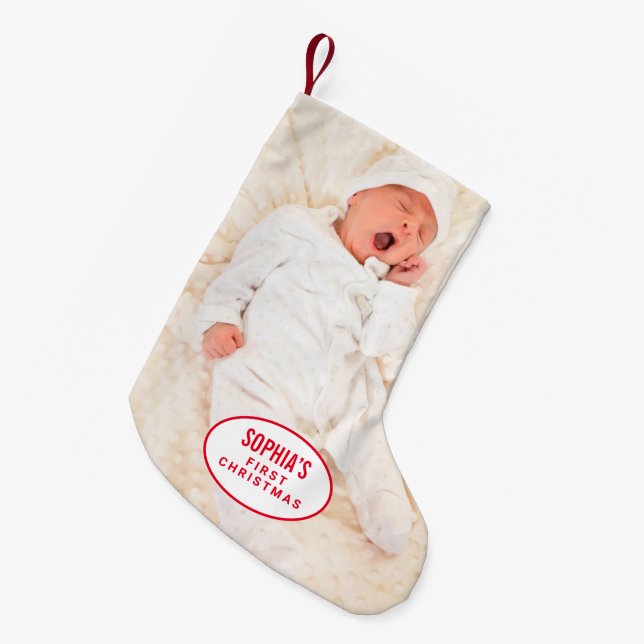 Petite Chaussette De Noël Baby First Christmas Monogramme Nom Photo (Devant (Accrochage))