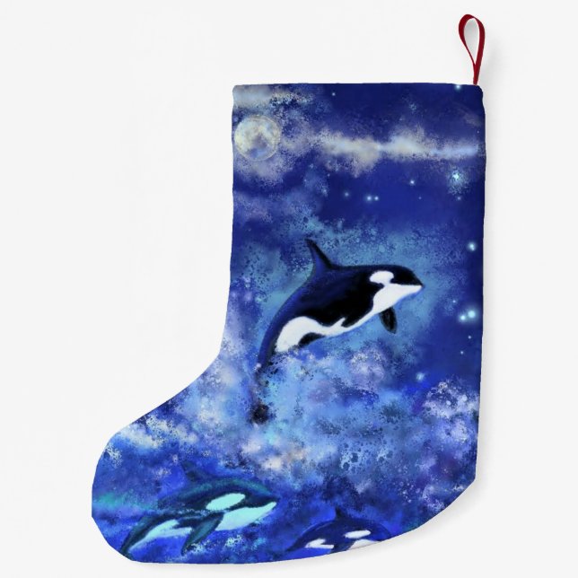 Petite Chaussette De Noël Baleines sur Pleine lune Bleue Noël Stocker (Dos)