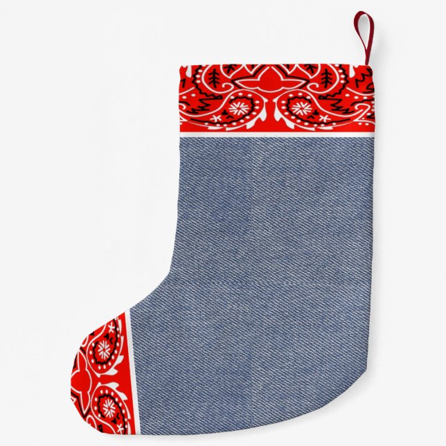 Petite Chaussette De Noël Bandana Ouest et Jean Faux Bleu Imprimer (Dos)