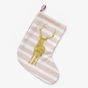 Petite Chaussette De Noël Bandes d'aquarelle rose et cerfs d'or