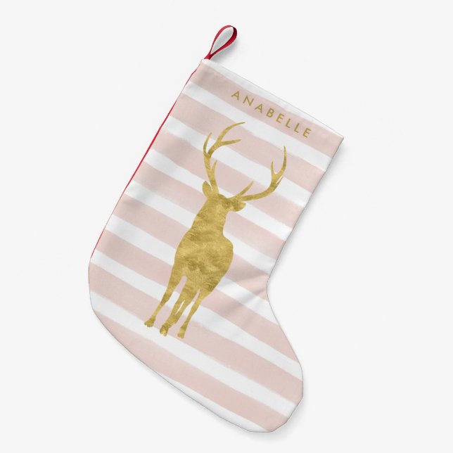 Petite Chaussette De Noël Bandes d'aquarelle rose et cerfs d'or (Devant (Accrochage))