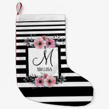 Bandes noires et blanches Monogramme floral rose