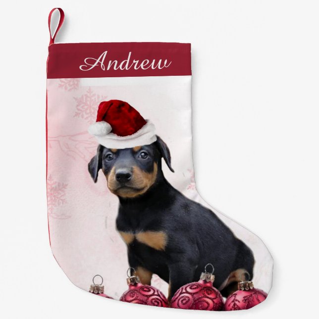 Petite Chaussette De Noël Bas de chiot de Pinscher de dobermann de Noël (Devant)