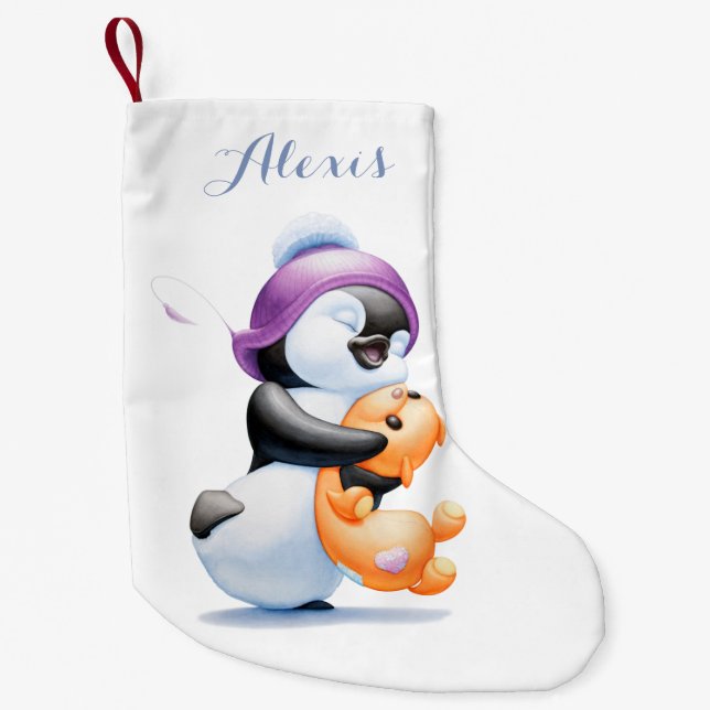Petite Chaussette De Noël Bas personnalisé de pingouin et d'ours de nounours (Devant)