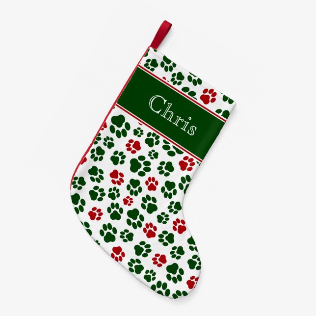 Petite Chaussette De Noël Bas rouge, blanc, et vert d'empreinte de patte (Devant (Accrochage))