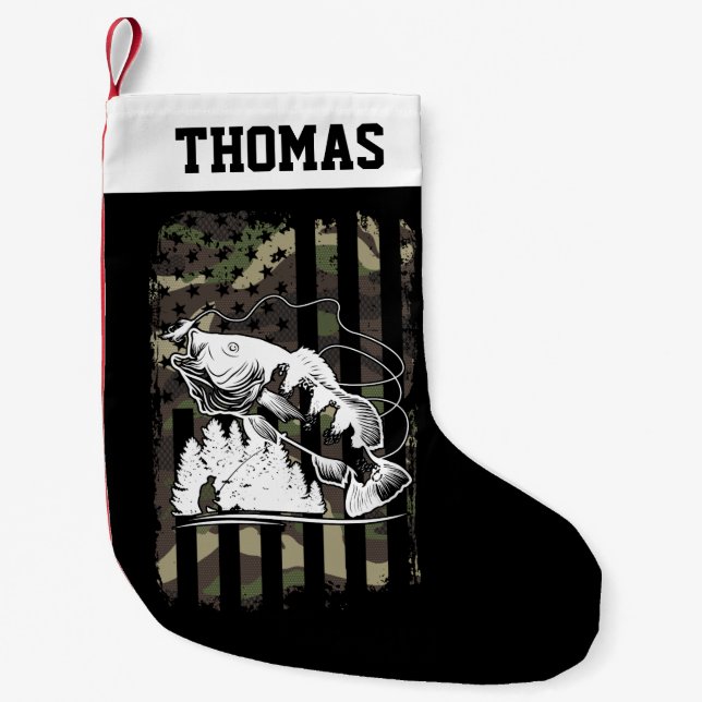 Petite Chaussette De Noël Basse personnalisée Pêche USA Drapeau Sportsmen Ca (Devant)