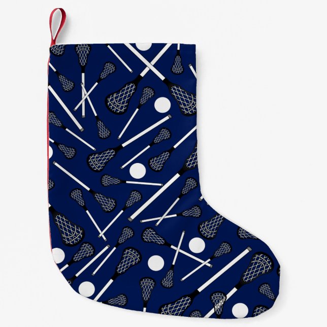 Petite Chaussette De Noël Bâtons de lacrosse de bleu marine (Devant)